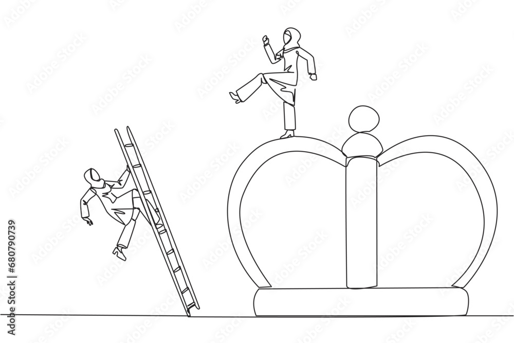 Single continuous line drawing Arab businesswoman kicks opponent who climbs the crown with ladder. Making rivals fall from business glory. Unhealthy competition. One line design vector illustration
