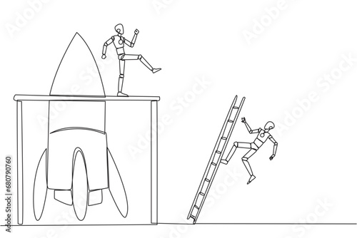 Continuous one line drawing the robot kicks opponent who climbing the rocket with ladder. Failure to open new business. Cheated by business friend. Traitor. Single line draw design vector illustration