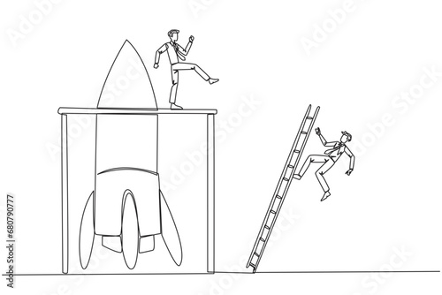Single continuous line drawing businessman kicks opponent who climbing the rocket with ladder. Failure to open new business. Cheated by business friend. Traitor. One line design vector illustration