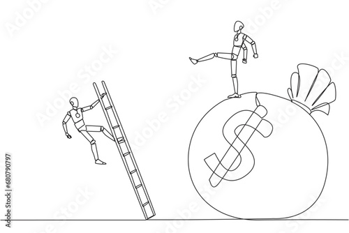 Single continuous line drawing smart robot kicks opponent who is climbing the money bag with a ladder. Cheated by a business partner. Unprofitable business. Rival. One line design vector illustration