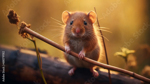 Hamster on a branch in the forest at sunset. Closeup.