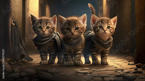 three adventurous kittens. Created with Generative AI.	
 photo