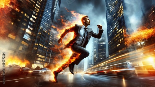 Businessman on fire running with a sense of urgency and rush. the concept of time is everything, time flies quickly. photo
