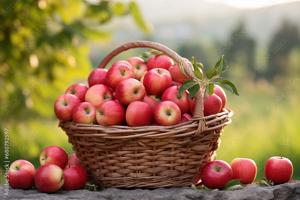 Fresh apples arranged in a unique basket against a serene natural backdrop Fresh apples arranged in a unique basket against a serene natural backdrop