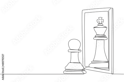 Continuous one line drawing pawn chess standing in front of mirror, reflecting chess king. Metaphor of confidence. Success, opportunities concept. Chance. Single line draw design vector illustration