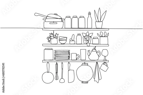 Single one line drawing cooking utensils in one vector image. Wall rack full of cooking utensils. Elegant layout. Neat for easy finding of cooking utensils. Continuous line design graphic illustration