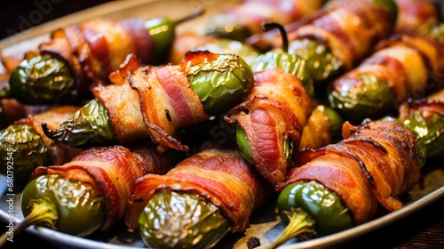 a close-up shot of spicy jalape?+/-o poppers wrapped in bacon