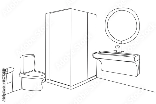 Single continuous line drawing stylish bathroom with full furniture modern. Separation of dry toilets and wet toilets with the installation of a shower cubicle. One line design vector illustration