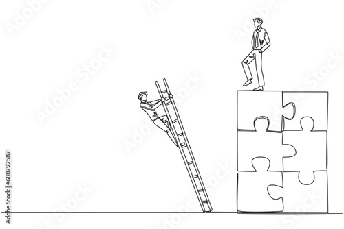 Continuous one line drawing businessman kicks opponent who climbing the puzzle with stairs. Betrayed by colleague when successfully resolving a problem. Single line draw design vector illustration