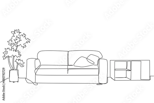 Single one line drawing stylish room with full furniture modern. Comfortable sofa for the living room. Honoring guests. Clean and clear. Minimalist concept. Continuous line design graphic illustration