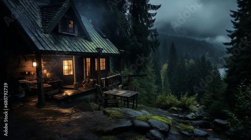 A cozy mountain cabin, where a writer finds inspiration on a laptop © Muhammad