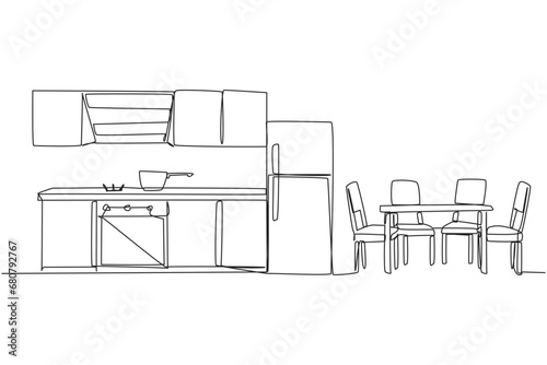 Continuous one line drawing the kitchen room has elegant classic feel. The dining table in a row gives a minimalist impression. Semi-modern style kitchen. Single line draw design vector illustration