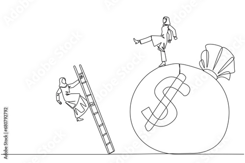 Continuous one line drawing Arab businesswoman kicks opponent who climbs money bag with ladder. Cheated by a business partner. Unprofitable business. Rival. Single line draw design vector illustration