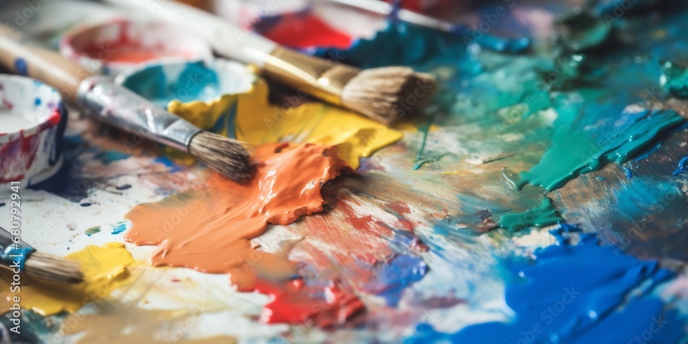Fototapeta premium Artistic color palette with paint brushes