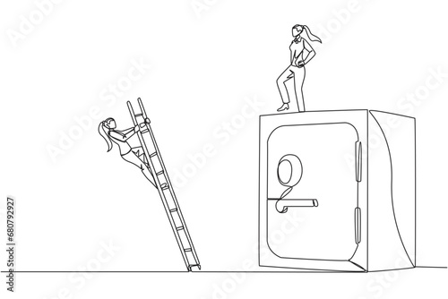 Single one line drawing businesswoman kicks opponent who climbing the safe deposit box with ladder. Dropped roughly. Unable to save important files. Rival. Continuous line design graphic illustration