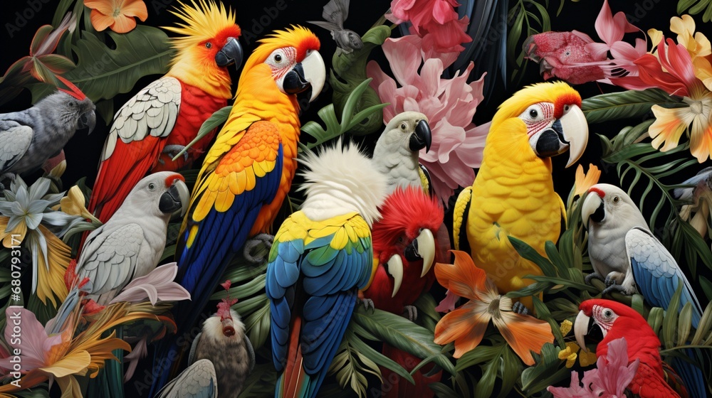 a digital collage of various exotic birds, showcasing their diverse and stunning features - obrazy, fototapety, plakaty 
