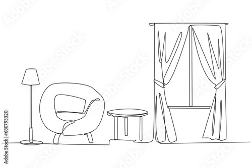 Single continuous line drawing stylish family room with full furniture modern. Scandinavian interior design. Minimalist interior with large opening and floor lamp. One line design vector illustration