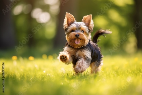 Yorkshire terrier plays on grass © kramynina