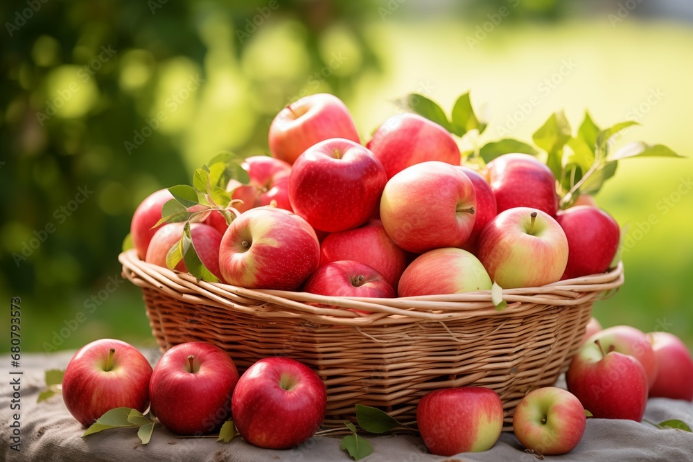 Fresh apples arranged in a unique basket against a serene natural backdrop Fresh apples arranged in a unique basket against a serene natural backdrop