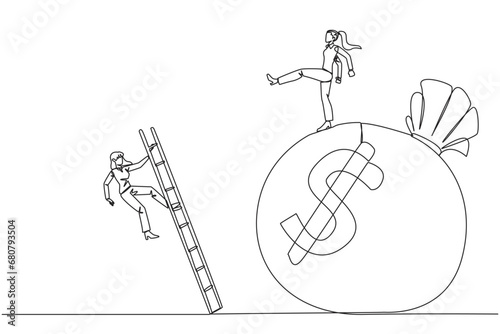Single one line drawing businesswoman kicks opponent who climbing the money bag with a ladder. Cheated by a business partner. Unprofitable business. Rival. Continuous line design graphic illustration