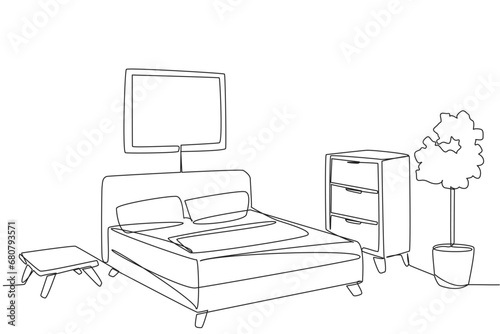 Continuous one line drawing stylish room with full furniture modern. Spring bed and pillow make more comfortable. Room where can rest to relieve fatigue. Single line draw design vector illustration
