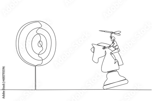 Single continuous line drawing smart robot future technology holding a dart arrow while riding chess horse piece, strategic concept. Success business manager. One line design vector illustration