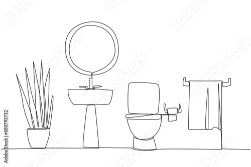 Continuous one line drawing stylish toilet with full furniture modern. Minimalist area with simple look. The dry toilet is in the staycation location. Single line draw design vector illustration