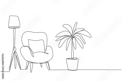 Valokuva Single one line drawing stylish living room with full furniture modern
