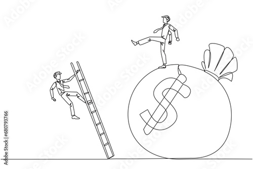 Single one line drawing businessman kicks opponent who is climbing the money bag with a ladder. Cheated by a business partner. Unprofitable business. Rival. Continuous line design graphic illustration