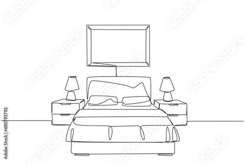 Single continuous line drawing stylish room with full furniture modern. Luxurious interior. Fully furnished. Bedroom. Hotel rooms. Very cozy rooms. Staycation. One line design vector illustration