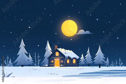 Hut in the mountains at night in winter, outdoor travel illustration during heavy snow season © lin