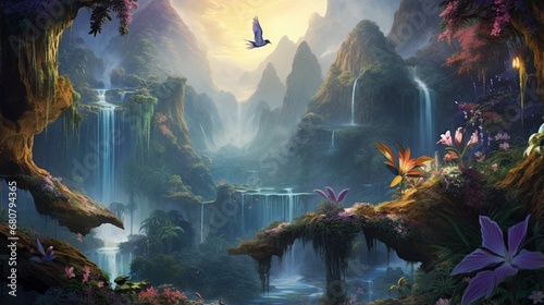 a hidden tropical valley  with a cascading waterfall and iridescent hummingbirds