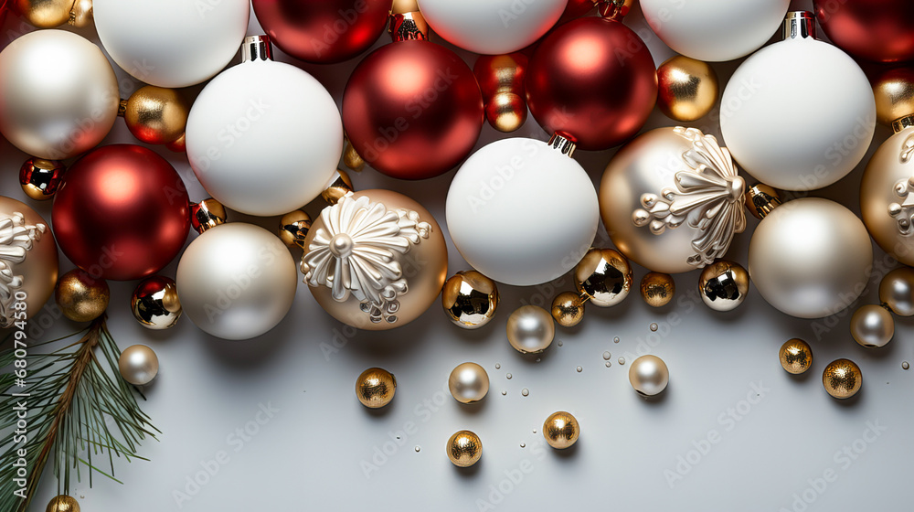Christmas decoration on white background. Top view with copy space for your text. Generative AI technology. Christmas decoration on white background. Top view with copy space for your text. Generative AI technology.