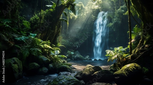 a hidden waterfall in a tropical valley surrounded by dense, emerald-green jungle © Muhammad