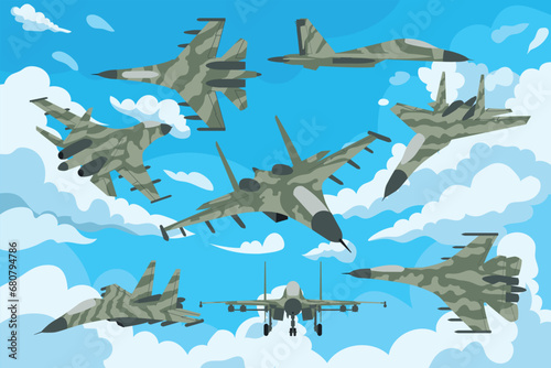 Flat Style Fighter Aircraft in a Cloud Background