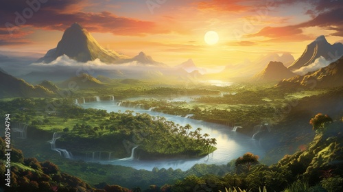 a lush tropical valley at sunrise  with mist rising from the river