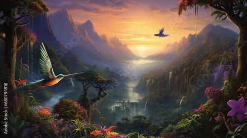 a mesmerizing AI depiction of a secluded tropical valley with iridescent hummingbirds fluttering around