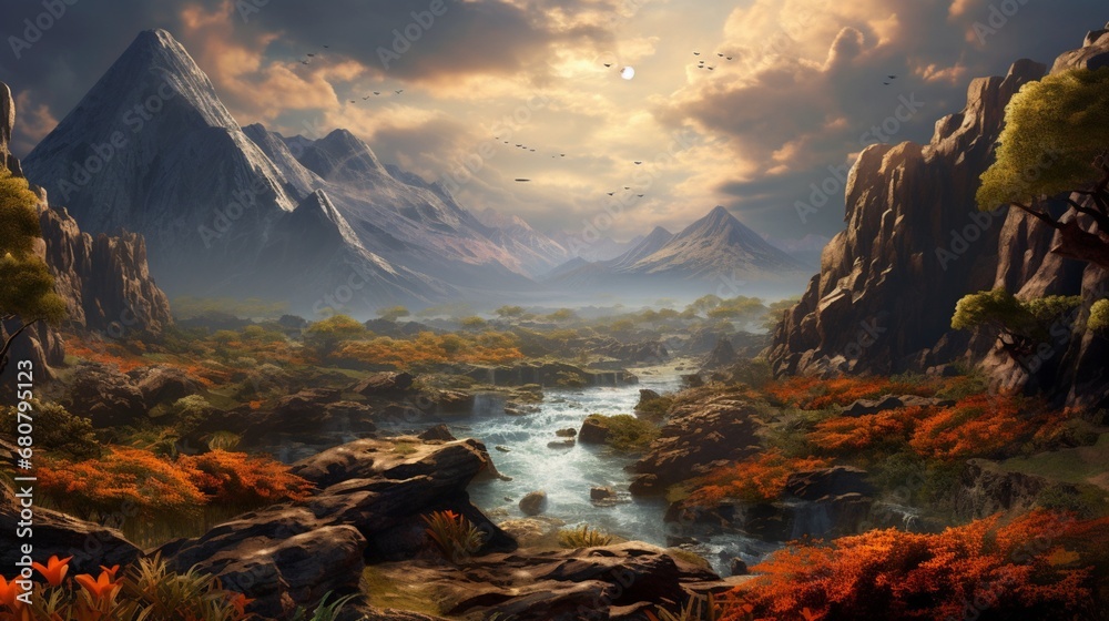 a mesmerizing AI depiction of a volcanic valley with a serene oasis amidst the rugged terrain