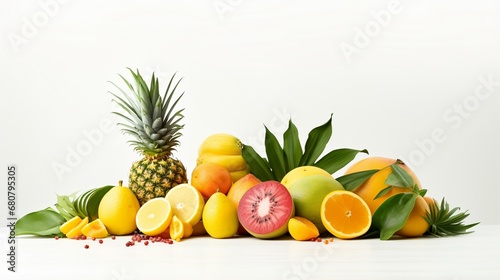 a minimalist and elegant image of tropical fruits on a clean  white background