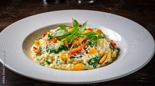 a mouthwatering picture of a creamy vegetable risotto with Parmesan cheese