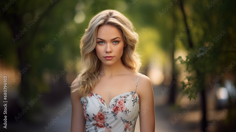 Portrait of attractive stylish woman in summer dress against a blurred green park background.