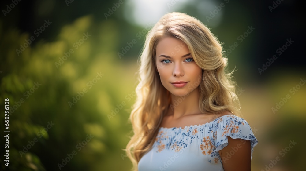 Portrait of attractive stylish woman in summer dress against a blurred green park background. Portrait of attractive stylish woman in summer dress against a blurred green park background.