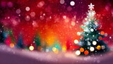 Snowy Christmas Tree and Snow white and bokeh on red gradation background