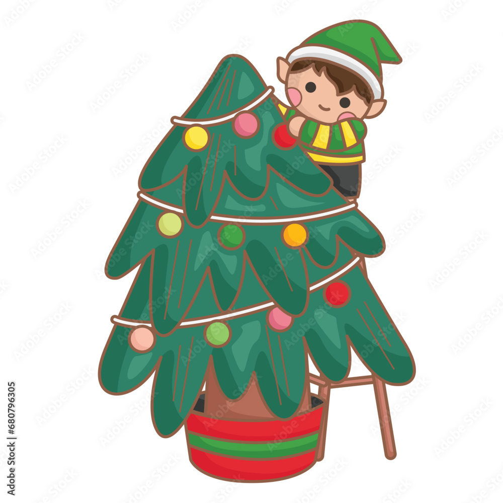 Christmas Elf Decorated Christmas Tree Cartoon Illustration Vector Clipart Sticker