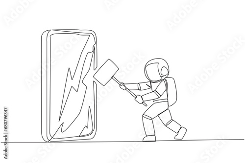 Continuous one line drawing young astronaut preparing to hit the big smartphone. Technology can destructive if not use properly. Intelligence is required. Single line draw design vector illustration