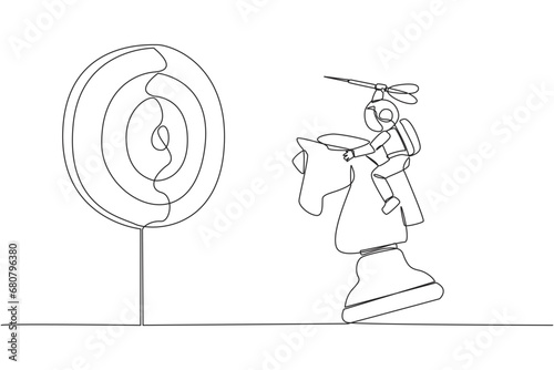 Continuous one line drawing young energetic astronaut holding a dart arrow while riding chess horse piece, strategic concept. Success business manager. Single line draw design vector illustration