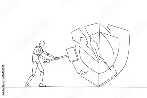 Single one line drawing smart robot preparing to hit big shield. Rampage. System is undermined by business competitors. Unfair competition. Virus attack. Continuous line design graphic illustration