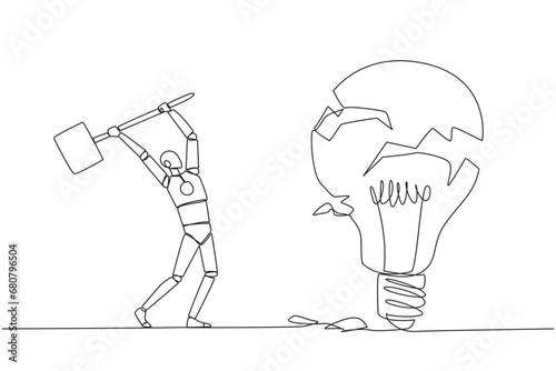 Single continuous line drawing smart robot preparing to hit a big lightbulb. The thrashing anger. Failed to secure a brilliant business idea. Destruction. Rampage. One line design vector illustration