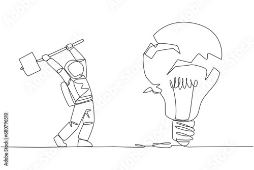 Continuous one line drawing young astronaut preparing to hit a big lightbulb. The thrashing anger. Failed to secure a brilliant business idea. Destruction. Single line draw design vector illustration