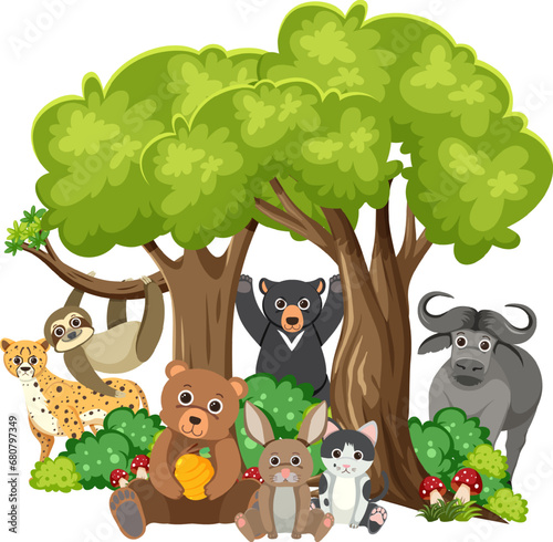 Diverse Wildlife Gathering Beneath a Tree